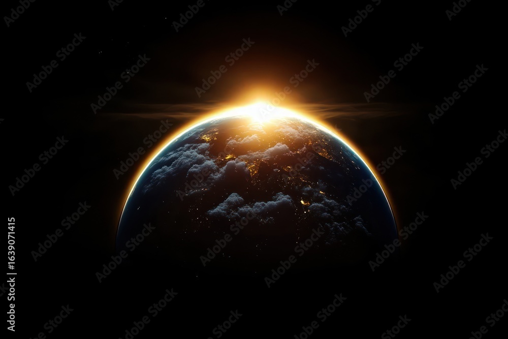 Wall mural sunrise over the earth from space showing illuminated continents with clouds and dark outer space ba