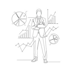 Confident businessman standing with arms crossed surrounded by charts and graphs illustrating business success and growth