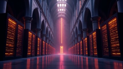 Gothic Data Archive Hall with Gold Data Streams