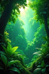 Lush green rainforest canopy during a summer downpour, sunlight filtering through the leaves, vibrant flora and dripping foliage ,  vegetation, rainforest,  nature