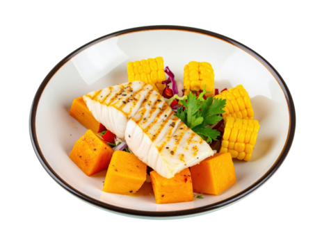 Gourmet grilled white fish fillet with roasted pumpkin cubes and sweet corn on the cob.