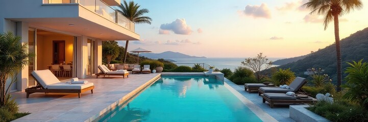 Fototapeta premium Luxurious townhouse holiday villa, perfect for a family getaway Enjoy spacious interiors, a private patio, and stunning views Ideal for a relaxing vacation , comfortable, bathrooms