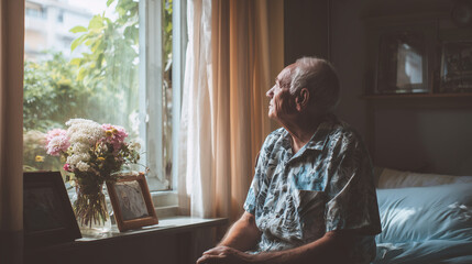 Elderly Widowed Man Sitting by Window Looking Outside