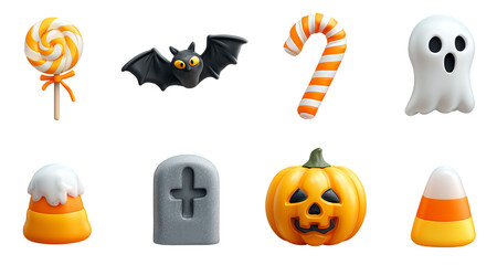 Set of 3d icon set, Lolli pops, candy canes, bat, spooky ghost, pumpkin, grave isolated on transparent background