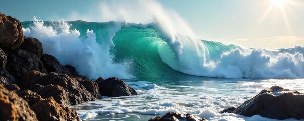 Powerful ocean wave crashing against a rocky shore, creating a dramatic spray of white water The sun reflects off the wet rocks, highlighting the raw power of nature , vibrant, wet rocks