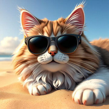 Funny Cat in Sunglasses at the Coast. : Smiling pet wearing sunglasses.Relaxing seaside.Pet with sunglasses on beach.close-up.Generated by AI