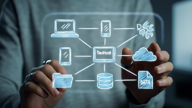 Person Touching Holographic Network Diagram with Cloud Computing Data Servers and Connection Between Devices in a Dark Background