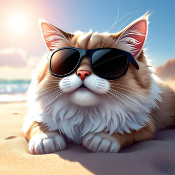 Stylish Cat Lounging on Sandy Beach. : Smiling pet wearing sunglasses.Relaxing seaside.Pet with sunglasses on beach.close-up.Generated by AI