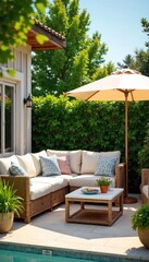 Obraz premium Relaxing summer scene featuring stylish outdoor furniture on a sunny patio Perfect for summer catalogs and websites promoting outdoor living , wicker furniture, vintage