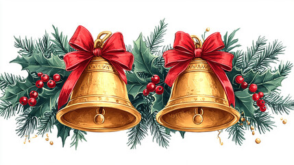 Christmas golden bells, red bows, holly, fir branches. Festive holiday illustration