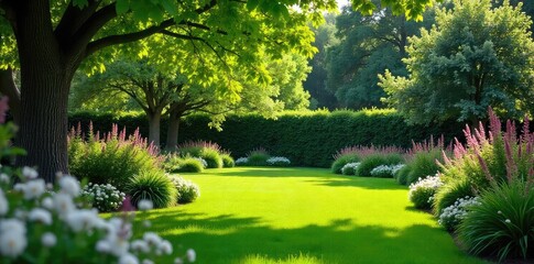 Obraz premium Serene backyard scene with lush green grass, blooming flowers, and mature trees providing shade Perfect for relaxation, tranquility, and outdoor living themes , greenery, shrubs