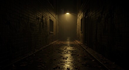 Obraz premium Dark alleyway lit by a single lamp with wet pavement and fallen leaves