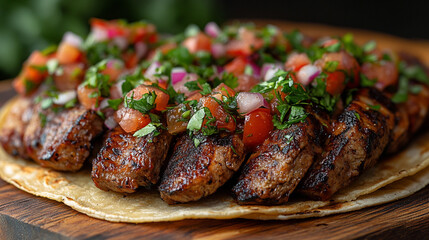 Grilled steak tacos with salsa, close-up on wooden board