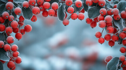 Frosted red berries frame a winter scene