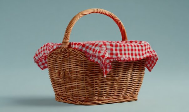 Square wicker picnic basket with red checkered cloth - Powered by Adobe