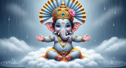 Baby Ganesha on Clouds in Rain: Divine & Adorable Wall Art | Ganesh Chaturthi