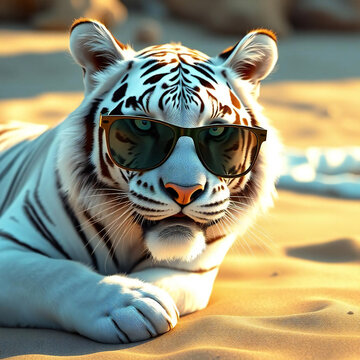 White Tiger with Sunglasses and Sea Breeze.: White tiger wearing sunglasses. Relaxing by the sea. White tiger wearing sunglasses on the beach. Close-up.Generated by AI