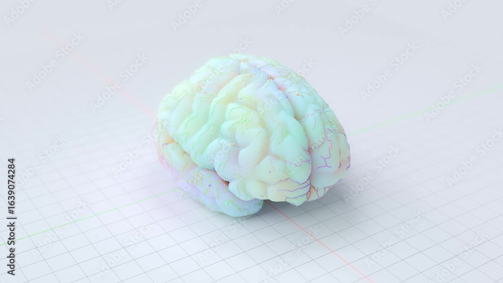 Poster brain working that shows creative work. small round, multi-colored spheres running on top of brain. 
