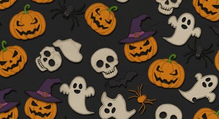 Halloween pattern with pumpkins ghosts spiders bats and skulls