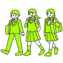 ジェンダーレス制服の女子高校生たちの明るい単色イラスト