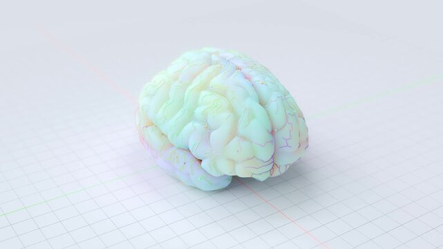 Brain working that shows creative work. Small round, multi-colored spheres running on top of brain. Use multiple pastel colors for interest. Minimal idea concept. Animation seamless loop. 3D Render.