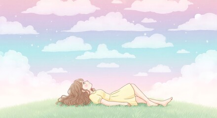 Young woman lying in grass gazing at pastel sky
