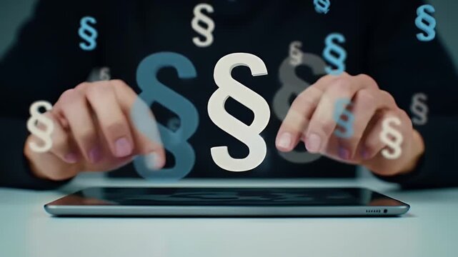 Close Up of Person Using Tablet with Paragraph Symbols Overlayed for Legal Concept on a White Desk in a Corporate Environment