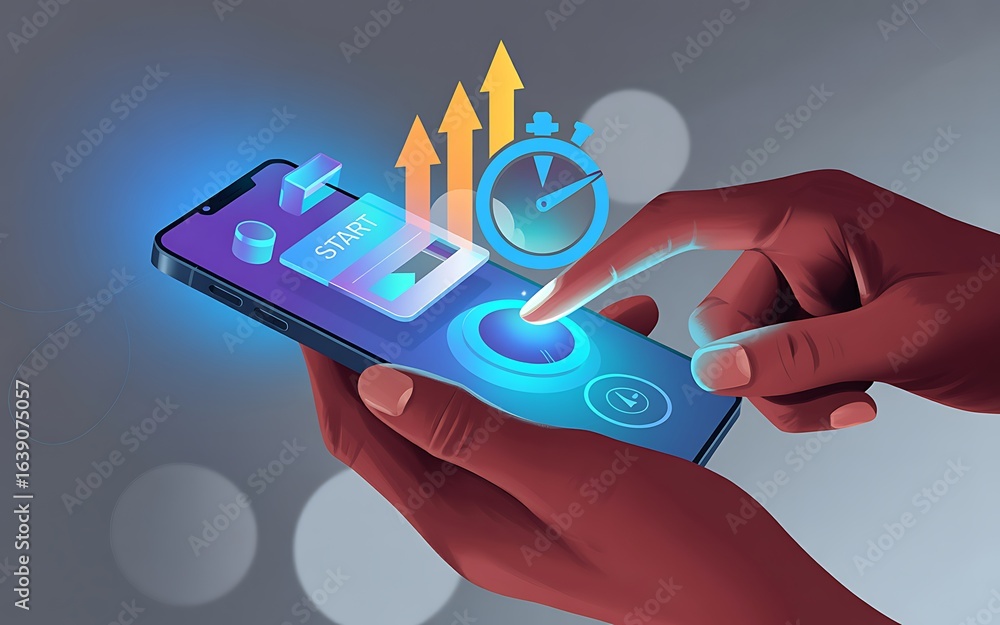 Poster a person's hand pressing a start button on a futuristic smartphone interface to boost performance an