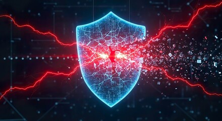 Cybersecurity Shield Breaking Digital Data Protection Cyber Attack Concept