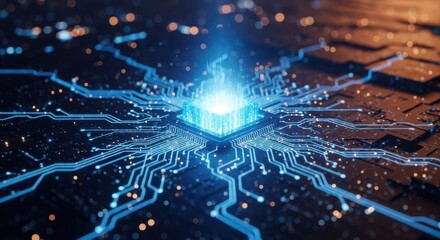 Intricate network of glowing blue circuits emanating from a central illuminated processor core