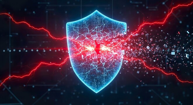 Cybersecurity Shield Breaking Digital Data Protection Cyber Attack Concept