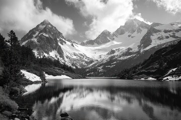 Calm mountain lake reflecting snow-covered peaks and cloudy sky with surrounding pine trees in tranquil natural landscape