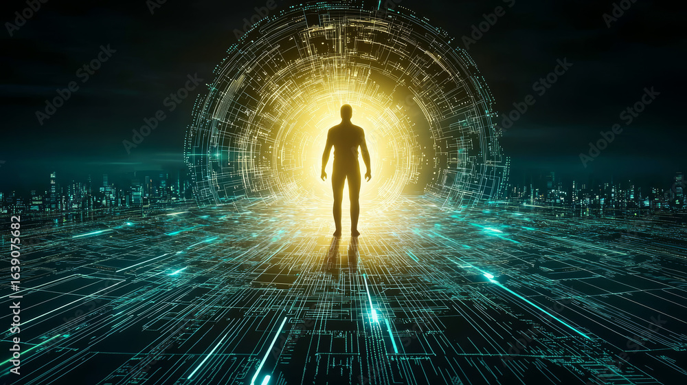 Poster cosmic entity stands before glowing portal, surrounded by intricate digital patterns and futuristic 