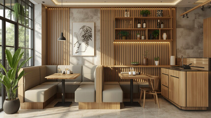 Cozy Minimalist Restaurant Interior with Booth Seating and Wooden Accents Design
