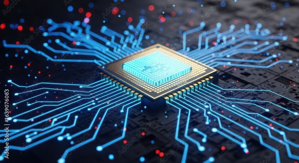Poster intricate circuit board design featuring a glowing central processor unit with radiant blue connecti
