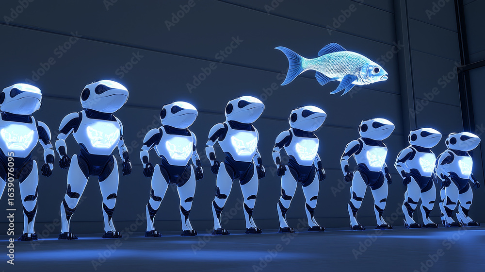 Poster Futuristic scene featuring lineup of robotic frogs with glowing features, showcasing advanced technology and design. holographic fish floats above, adding whimsical touch to setting