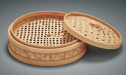 Light brown woven bamboo steamer, open, on gray background
