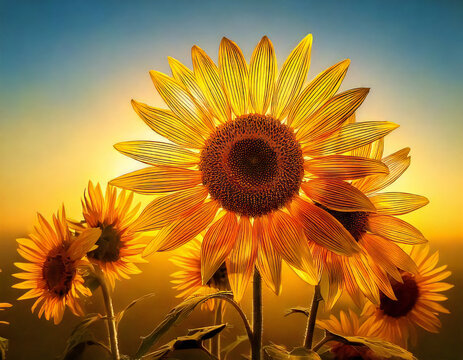 Luminous Glass Sunflower Artwork.: Sunflower, summer flower. Sunflower field. Glass sunflower petals. Close-up. Generated by AI