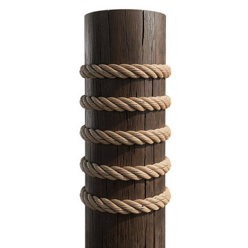Textured wooden piling, nautical rope tied secure, weathered surface, isolated transparent