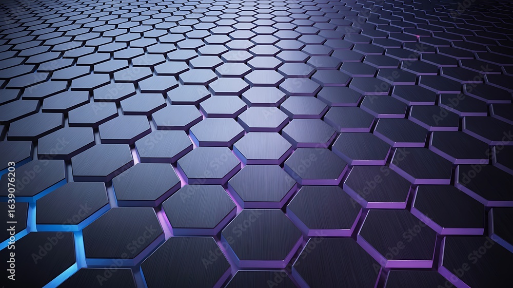 Poster perspective view of a dark hexagonal surface illuminated by futuristic blue and purple lights. this 