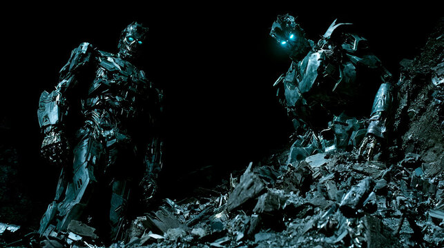 Two futuristic robots stand in dark junkyard, illuminated by glowing blue eyes, surrounded by debris and scrap metal, creating cyberpunk atmosphere