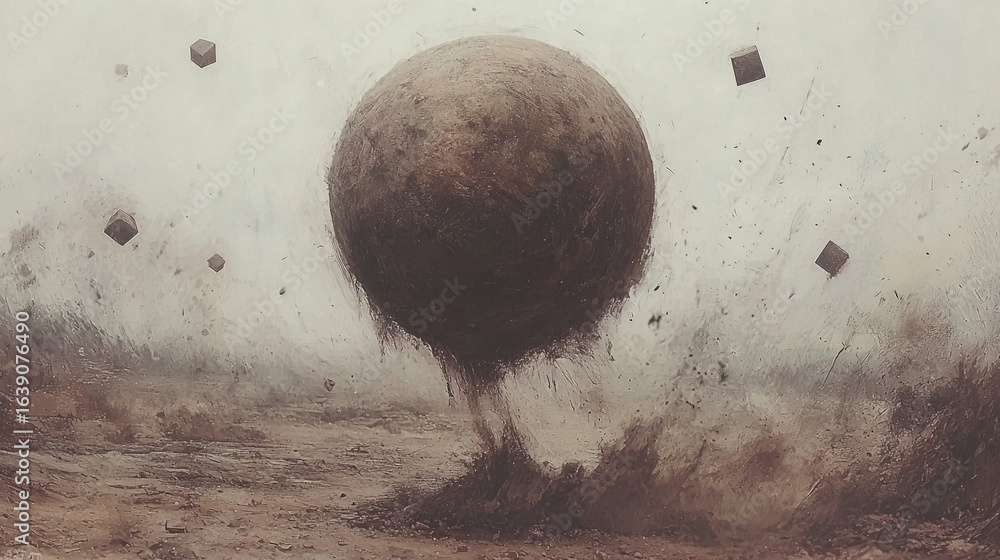Poster Hyper realistic dark orb is suspended within cube, creating surreal and captivating scene. landscape features barren terrain with floating cubes, evoking sense of mystery and intrigue