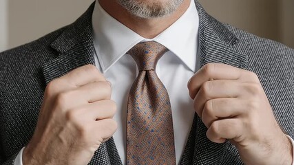 Businessman adjusting his shirt collar and tie, preparing for a professional meeting - Powered by Adobe