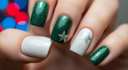 Elegant green and white fingernails with star design