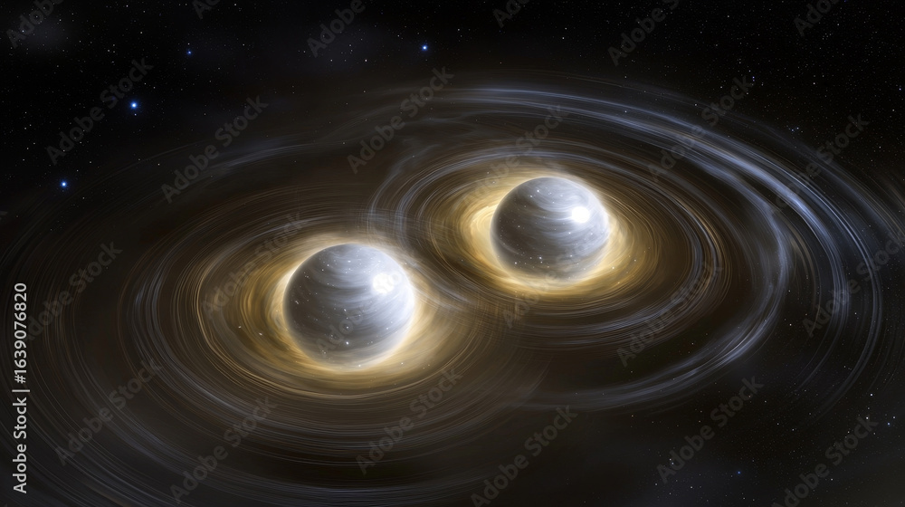 Poster hyper realistic depiction of dual vortexes surrounding two celestial bodies in cosmic setting, showc