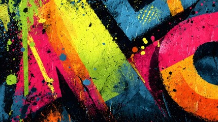 Colorful dynamic abstract painting with bold shapes lines and splashes of vivid expressive colors on a textured grunge inspired background