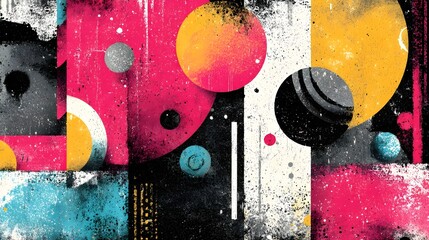 Colorful and lively abstract mural painting featuring a dynamic composition of playful geometric shapes splashes of paint and a vibrant pop art inspired style