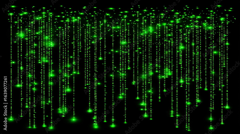 Poster bright green digital rain effect creates mesmerizing visual display against black background, evokin