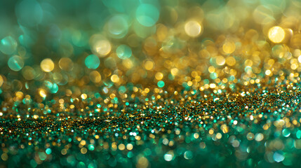 Emerald green and gold glitter on frosted pine needles with glowing christmas lights in a festive dreamy scene