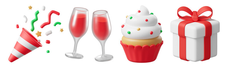 Christmas Celebration 3D Icon Set with Popper Champagne Glass Cupcake and Gift Box Isolated on Png Transparent
